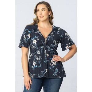 Kiyonna Top 4X Abby Twist Top Floral Flutter Sleeves French Blue Garden Colorful